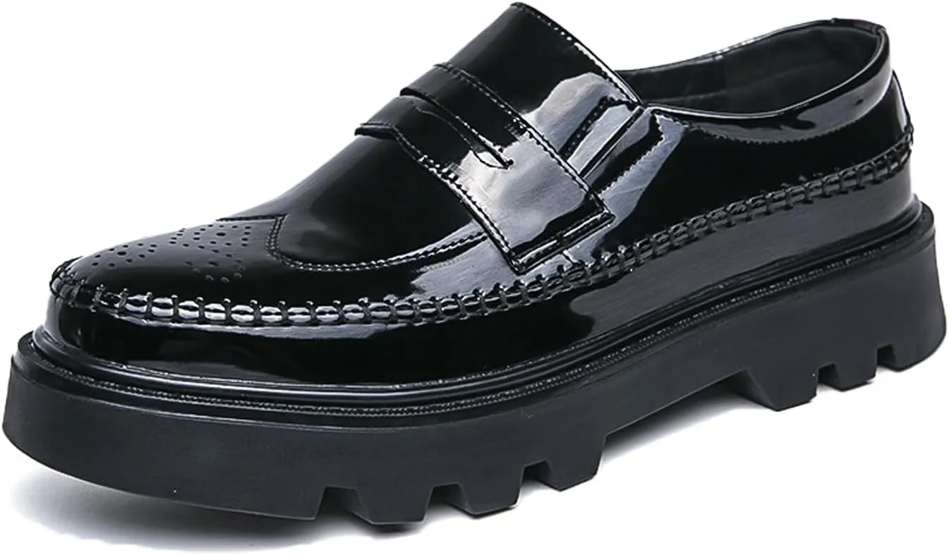 Men's Patent Leather Platform Slip-on Loafers Bullock Lug Sole Business Dress Shoes Casual Non-Slip Chunky Platform Black Formal Loafer Shoes