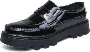 Men's Patent Leather Platform Slip-on Loafers Bullock Lug Sole Business Dress Shoes Casual Non-Slip Chunky Platform Black Formal Loafer Shoes