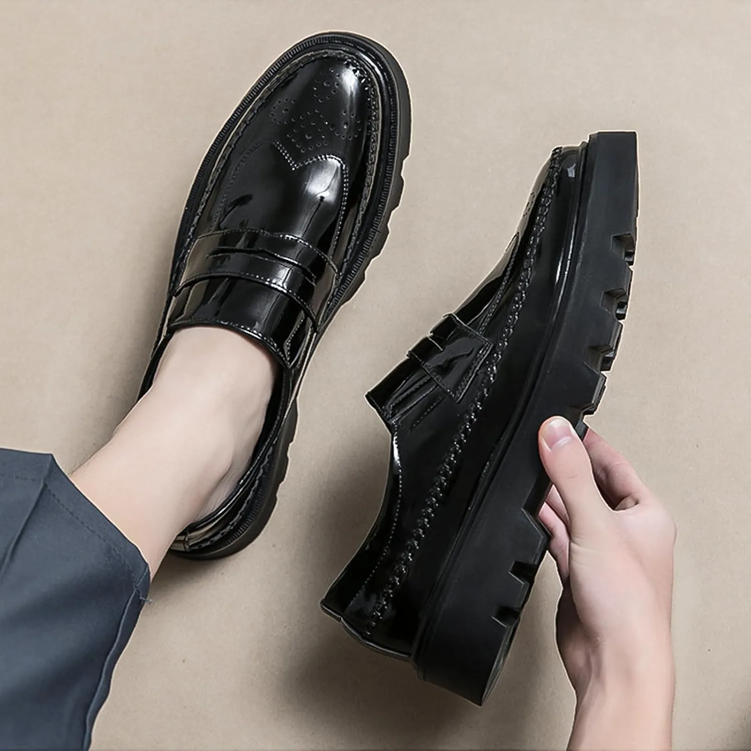 Men's Patent Leather Platform Slip-on Loafers Bullock Lug Sole Business Dress Shoes Casual Non-Slip Chunky Platform Black Formal Loafer Shoes