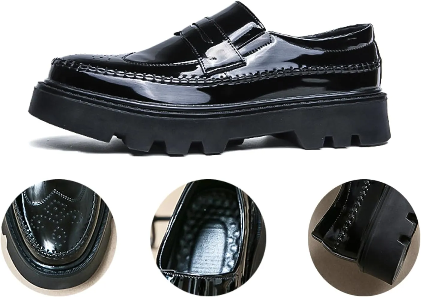 Men's Patent Leather Platform Slip-on Loafers Bullock Lug Sole Business Dress Shoes Casual Non-Slip Chunky Platform Black Formal Loafer Shoes