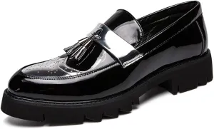Men's Patent Leather Tassel Loafers Platform Slip-On Casual Shoes Fashion Round Toe Non-Slip Lug Sole Dress Prom Shoes for Men