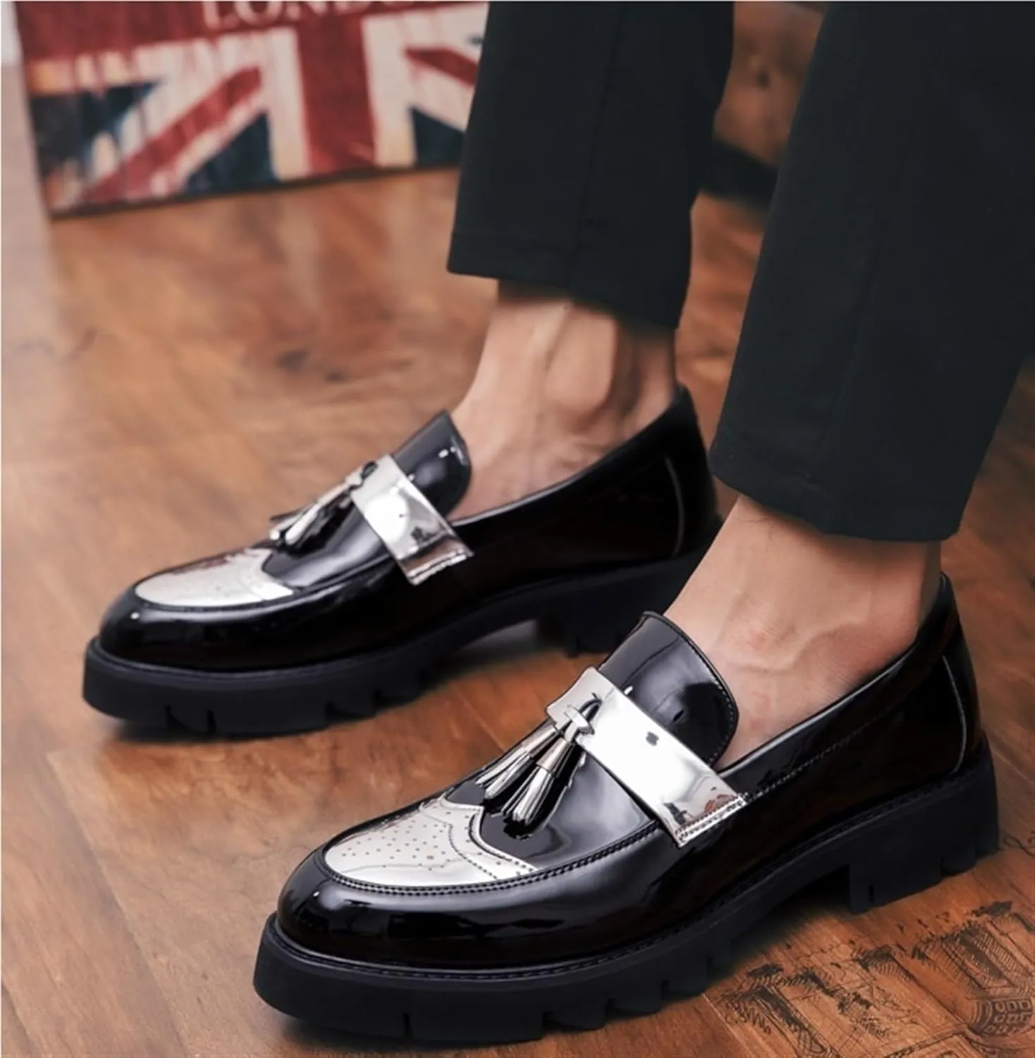 Men's Patent Leather Tassel Loafers Platform Slip-On Casual Shoes Fashion Round Toe Non-Slip Lug Sole Dress Prom Shoes for Men