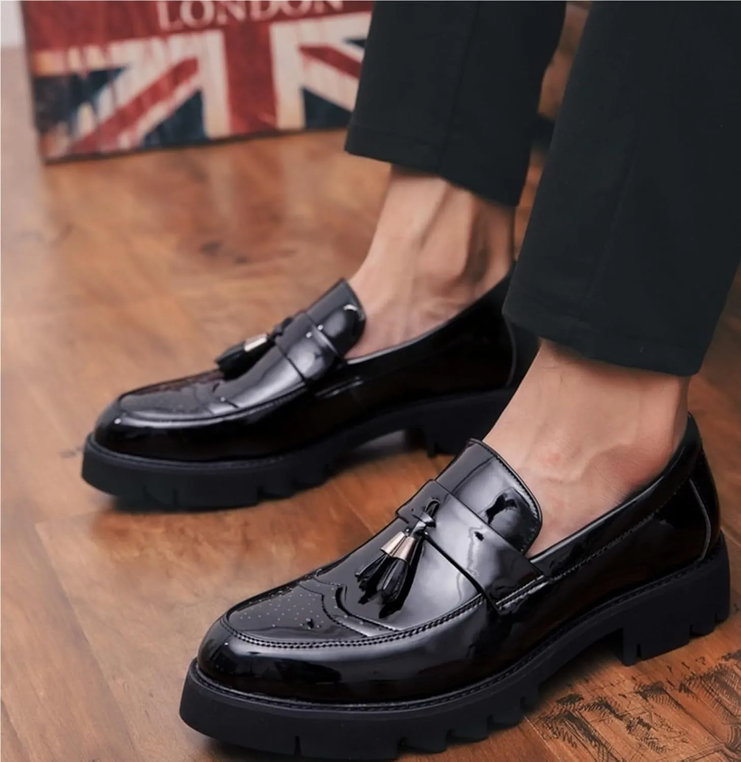 Men's Patent Leather Tassel Loafers Platform Slip-On Casual Shoes Fashion Round Toe Non-Slip Lug Sole Dress Prom Shoes for Men