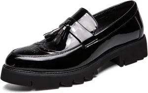 Men's Patent Leather Tassel Loafers Platform Slip-On Casual Shoes Fashion Round Toe Non-Slip Lug Sole Dress Prom Shoes for Men