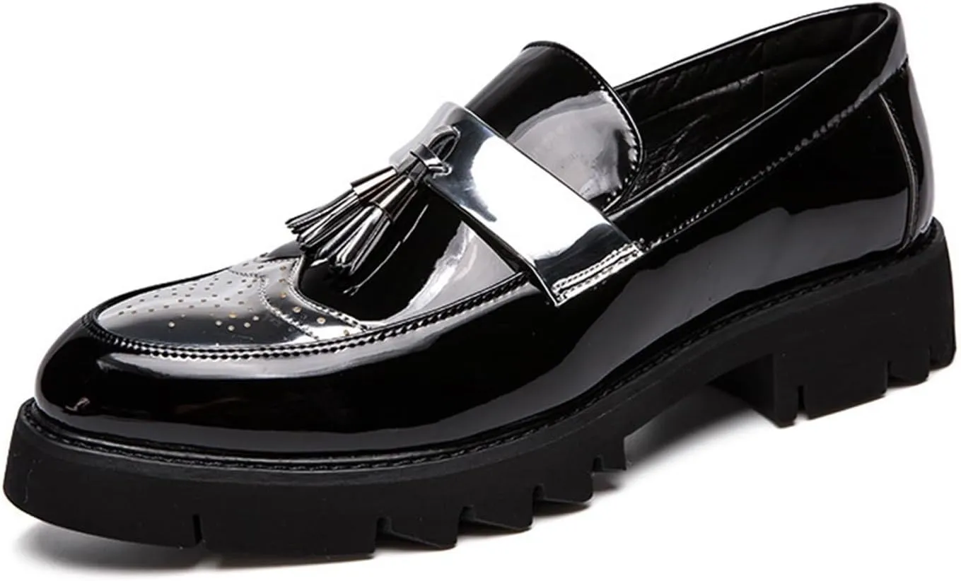 Men's Patent Leather Tassel Loafers Platform Slip-On Casual Shoes Fashion Round Toe Non-Slip Lug Sole Dress Prom Shoes for Men