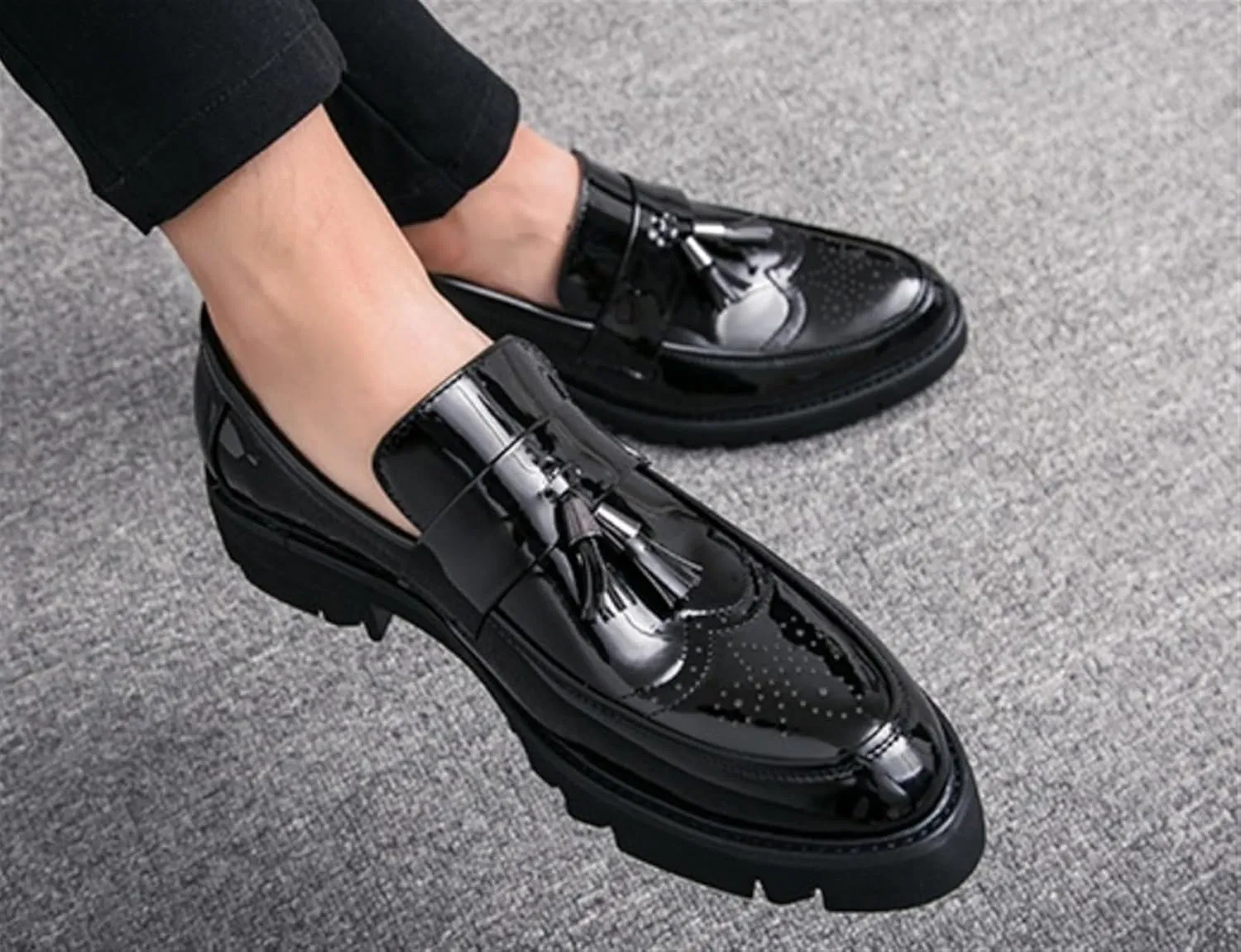 Men's Patent Leather Tassel Loafers Platform Slip-On Casual Shoes Fashion Round Toe Non-Slip Lug Sole Dress Prom Shoes for Men