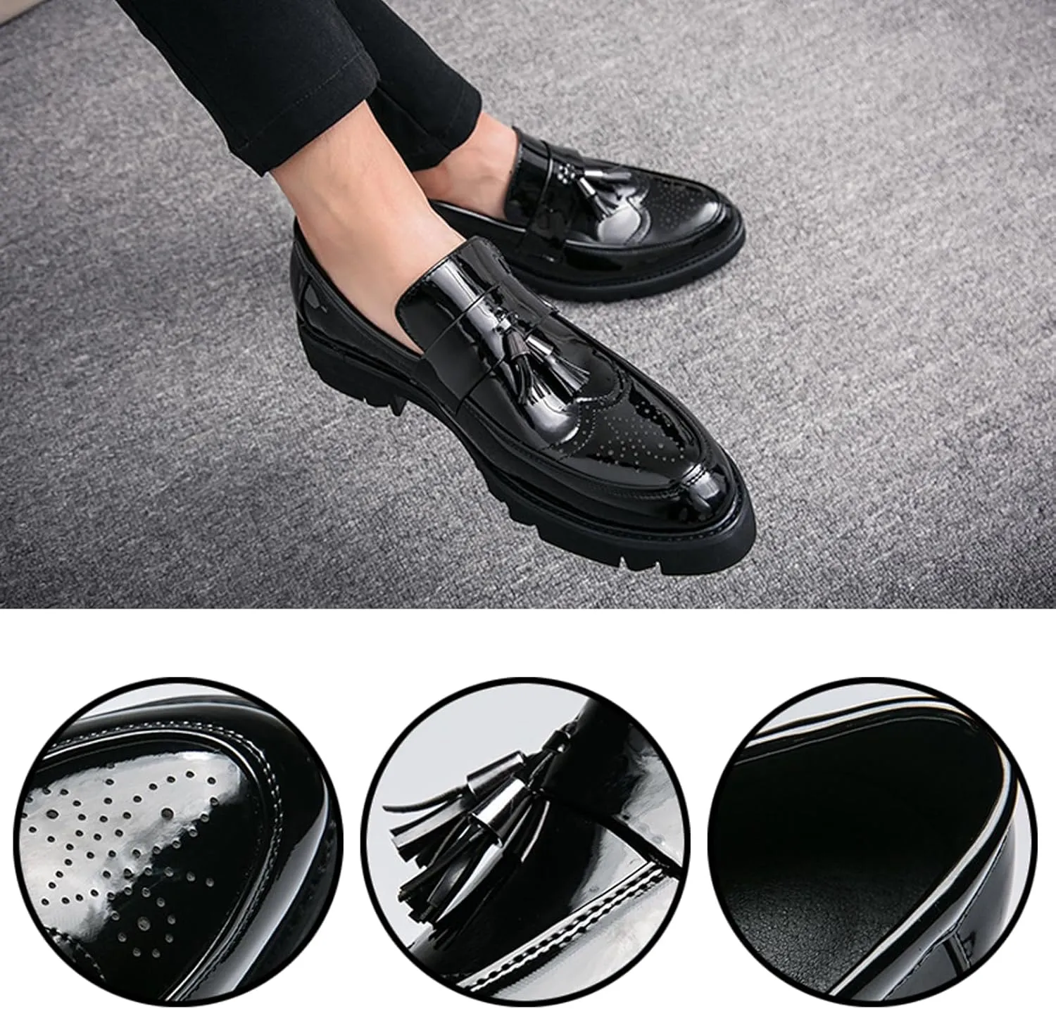 Men's Patent Leather Tassel Loafers Platform Slip-On Casual Shoes Fashion Round Toe Non-Slip Lug Sole Dress Prom Shoes for Men