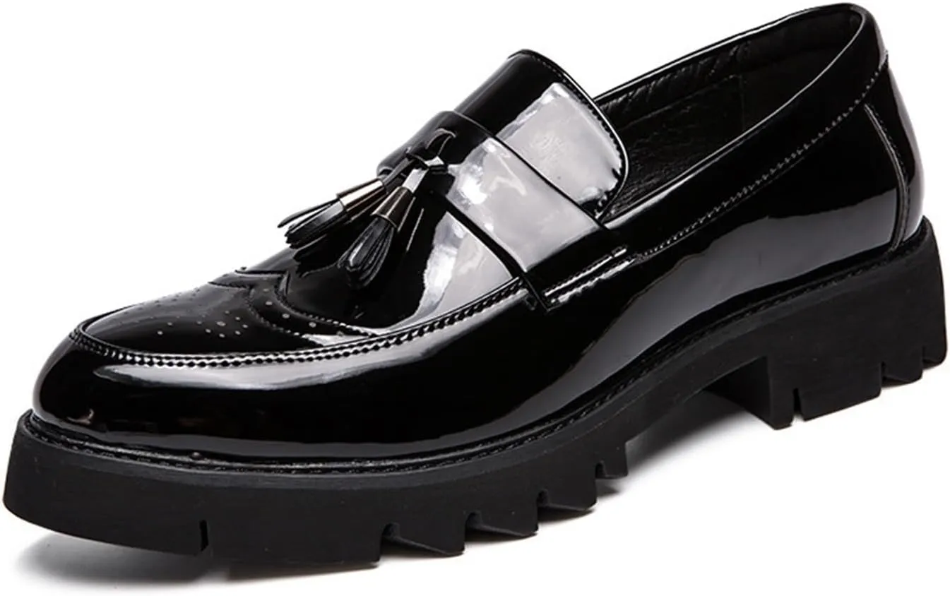Men's Patent Leather Tassel Loafers Platform Slip-On Casual Shoes Fashion Round Toe Non-Slip Lug Sole Dress Prom Shoes for Men