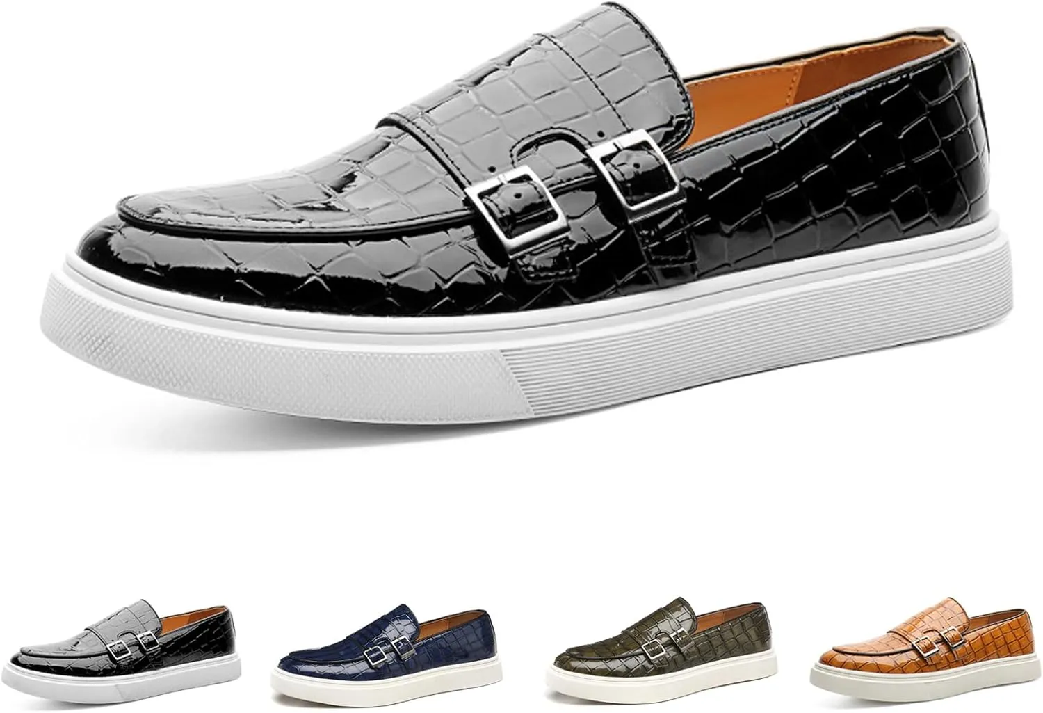 Men's Printed Slip-on Flat Loafers,Classic Leather Patent Double Metal Buckle Comfortable Casual Walking Shoes Formal Business Work Office Dress Moccasins Shoes
