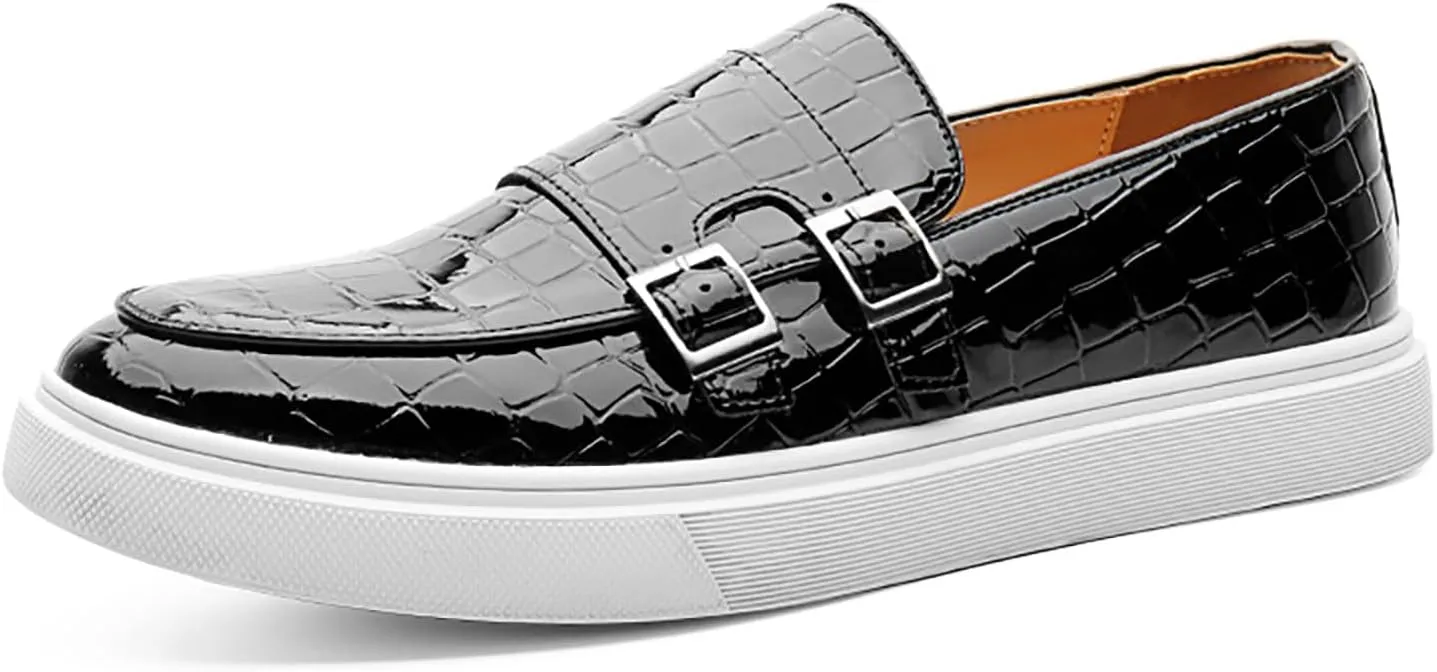 Men's Printed Slip-on Flat Loafers,Classic Leather Patent Double Metal Buckle Comfortable Casual Walking Shoes Formal Business Work Office Dress Moccasins Shoes