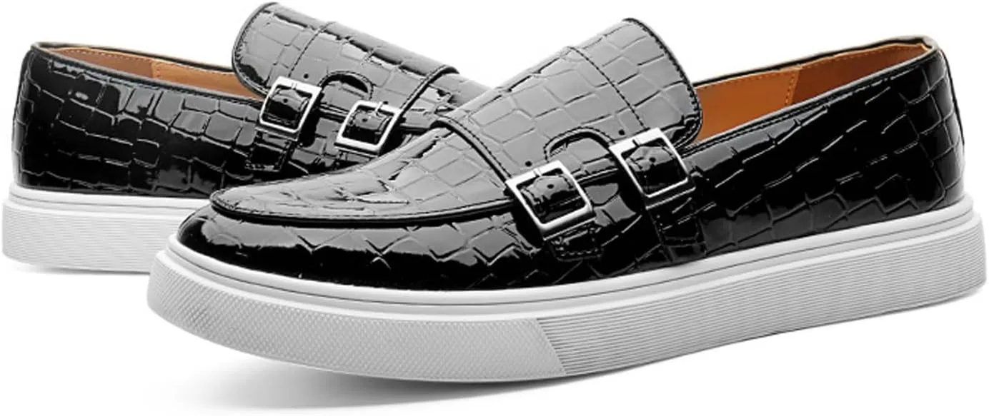 Men's Printed Slip-on Flat Loafers,Classic Leather Patent Double Metal Buckle Comfortable Casual Walking Shoes Formal Business Work Office Dress Moccasins Shoes