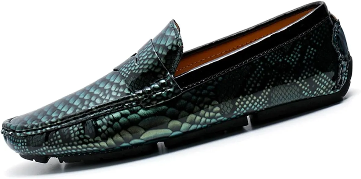 Men's Slip-On Flats Driving Loafers with Snake Print Outdoor Leather Shoes