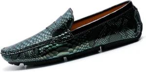 Men's Slip-On Flats Driving Loafers with Snake Print Outdoor Leather Shoes