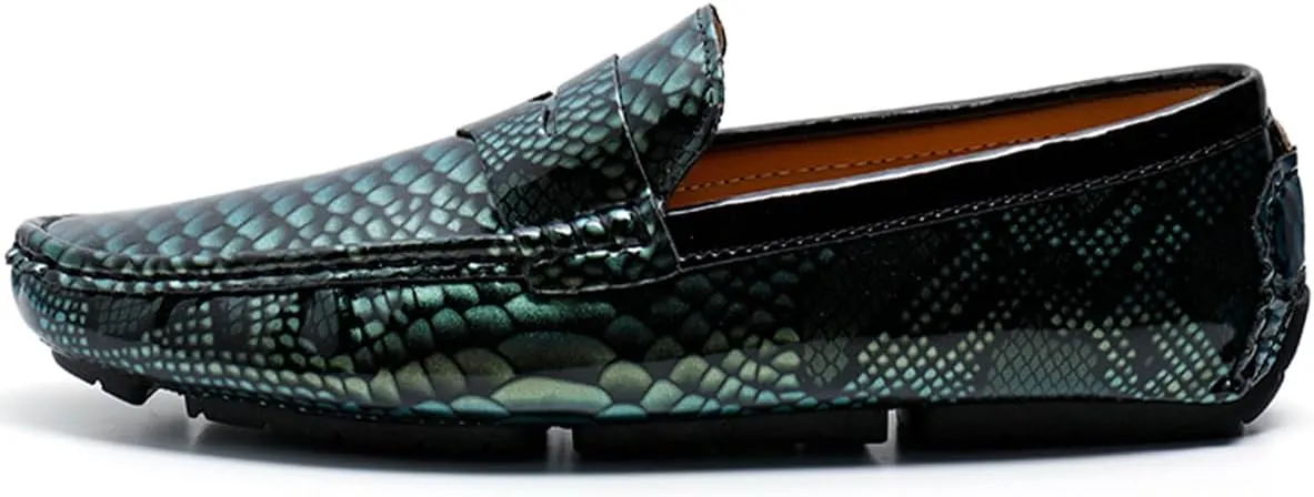 Men's Slip-On Flats Driving Loafers with Snake Print Outdoor Leather Shoes