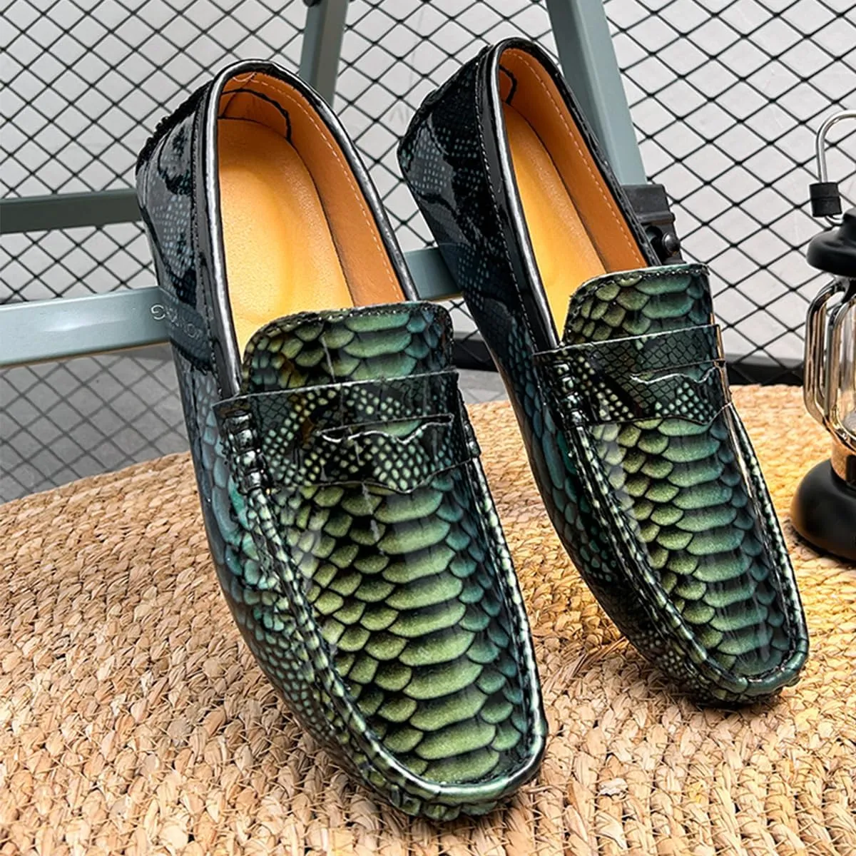 Men's Slip-On Flats Driving Loafers with Snake Print Outdoor Leather Shoes