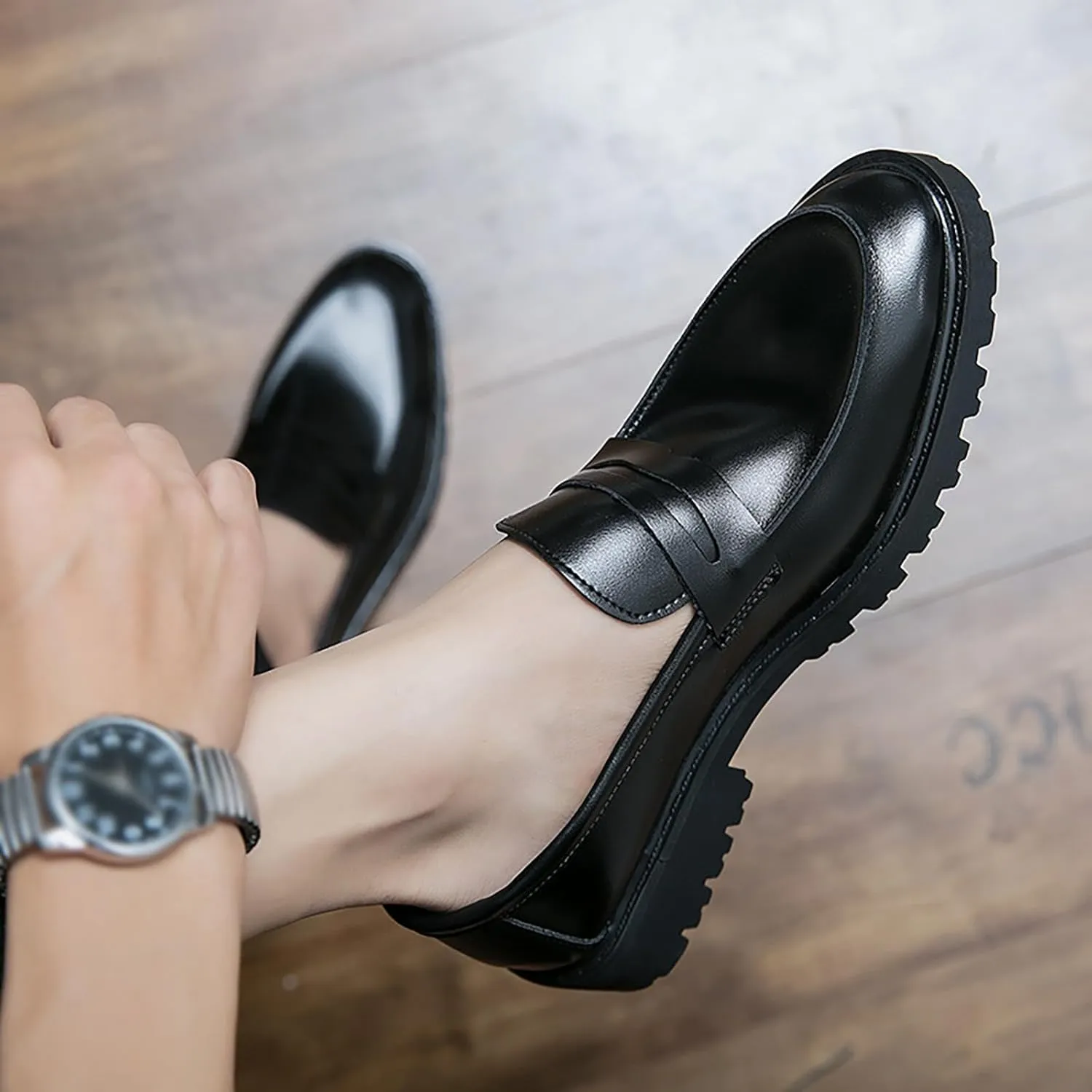 Men's Slip on Lug Sole Casual Loafers,Fashion Round Toe Platform Anti-Slip Comfort Dress Shoes Retro Business Formal Leather Penny Loafers for Men