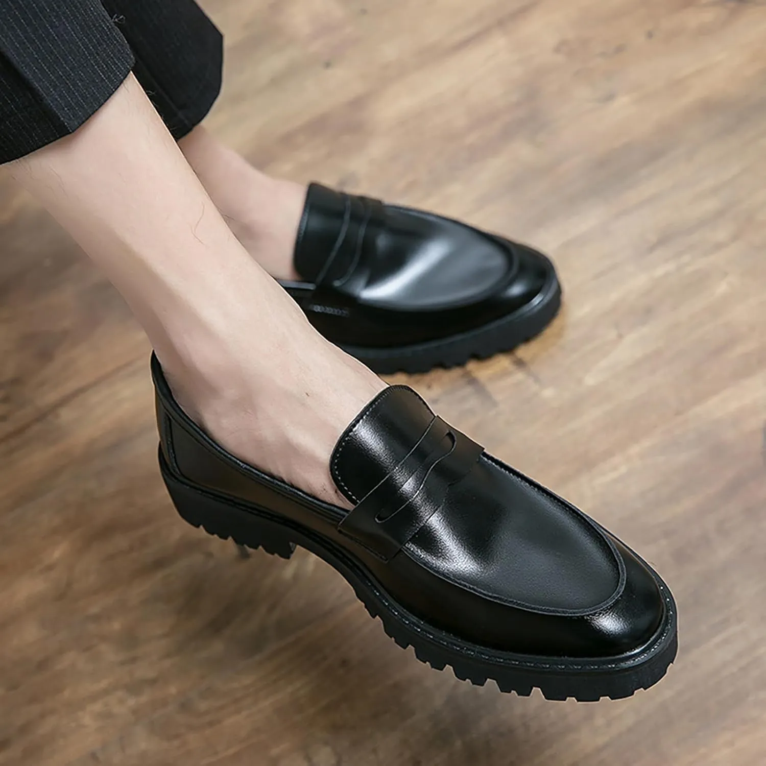 Men's Slip on Lug Sole Casual Loafers,Fashion Round Toe Platform Anti-Slip Comfort Dress Shoes Retro Business Formal Leather Penny Loafers for Men