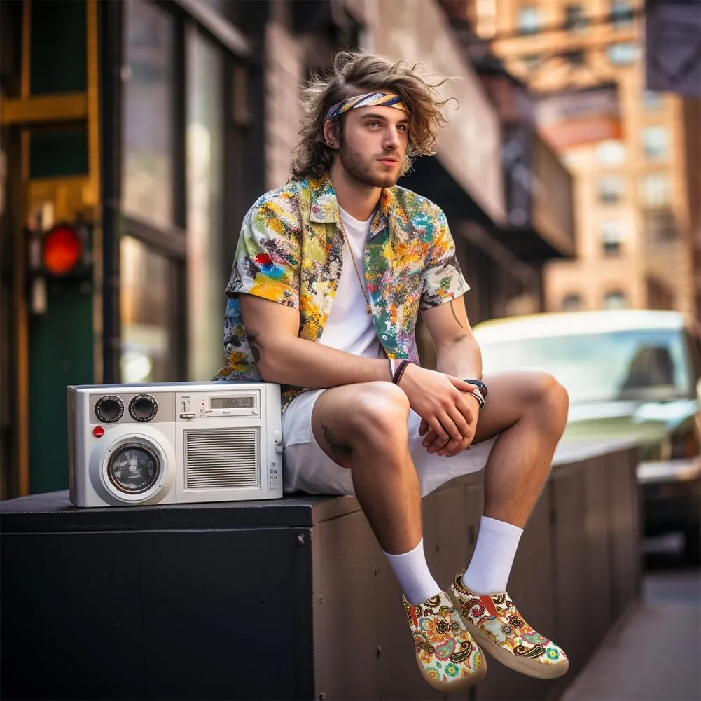 Men's Slip On Sneakers Casual Loafers Art Painted Comfort Soft Walking Shoes Cashew Floral Print Bandana Style