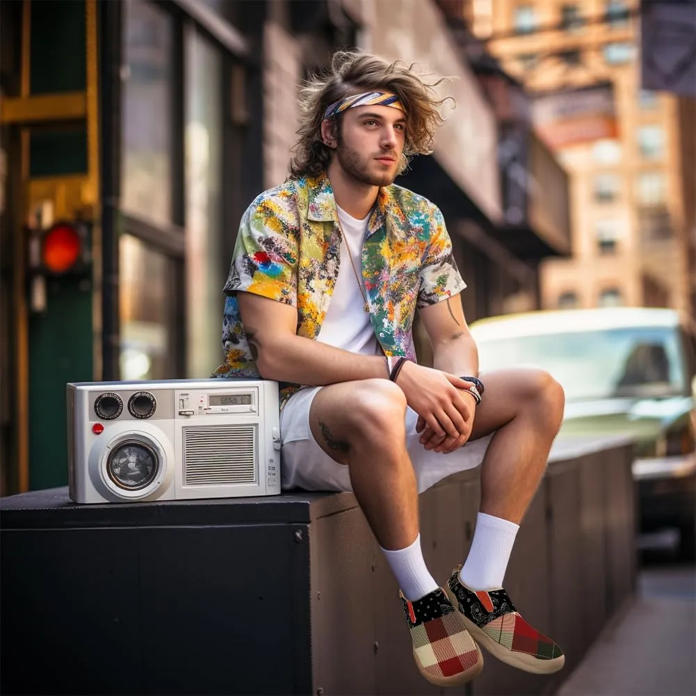 Men's Slip On Sneakers Casual Loafers Art Painted Comfort Soft Walking Shoes Cashew Floral Print Bandana Style