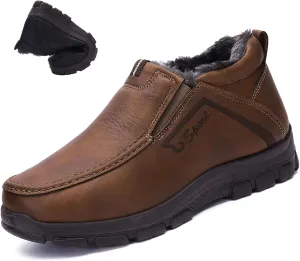 Men's Slip-On Winter Snow Boots Warm Fur Lined Casual Non-Slip Outdoors Leather Booties Cozy Walking Loafers