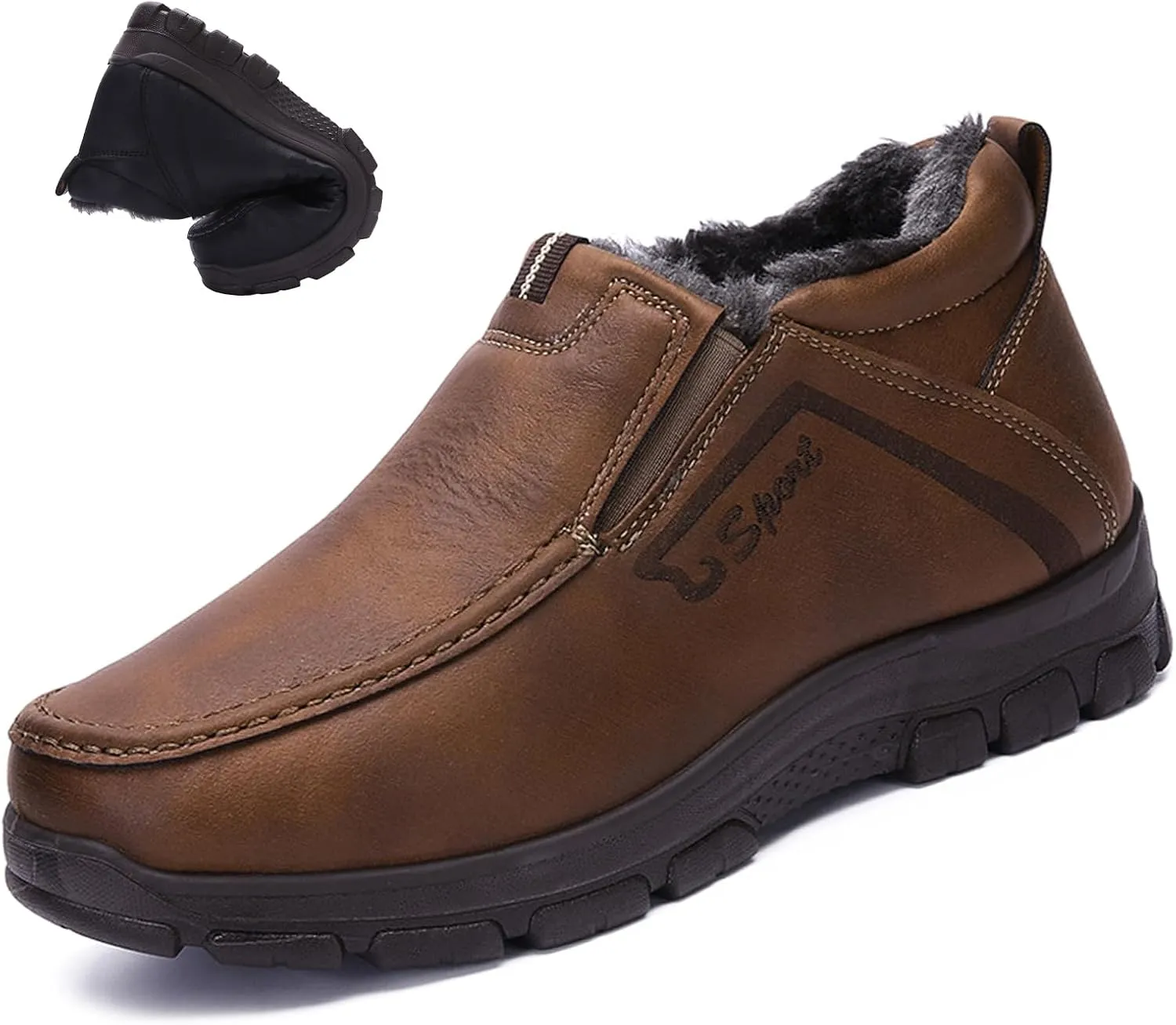 Men's Slip-On Winter Snow Boots Warm Fur Lined Casual Non-Slip Outdoors Leather Booties Cozy Walking Loafers