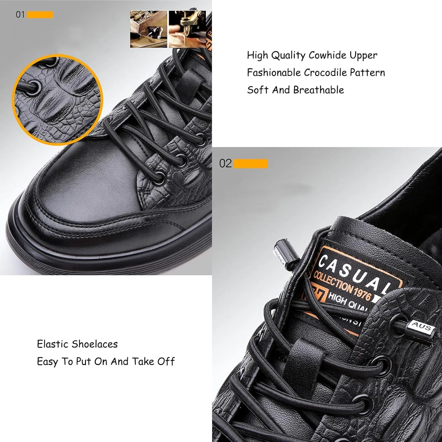 Men's Stylish Leather Croccrocodile Sneakers,Casual Air Cushion Soft Sole Walking Shoes Comfortable Lace-Up Waterproof Work Shoes