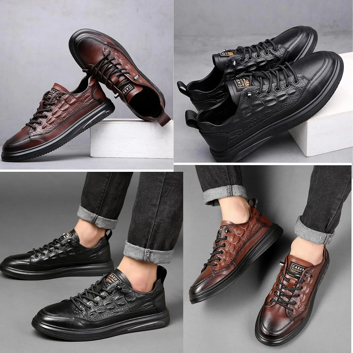 Men's Stylish Leather Croccrocodile Sneakers,Casual Air Cushion Soft Sole Walking Shoes Comfortable Lace-Up Waterproof Work Shoes