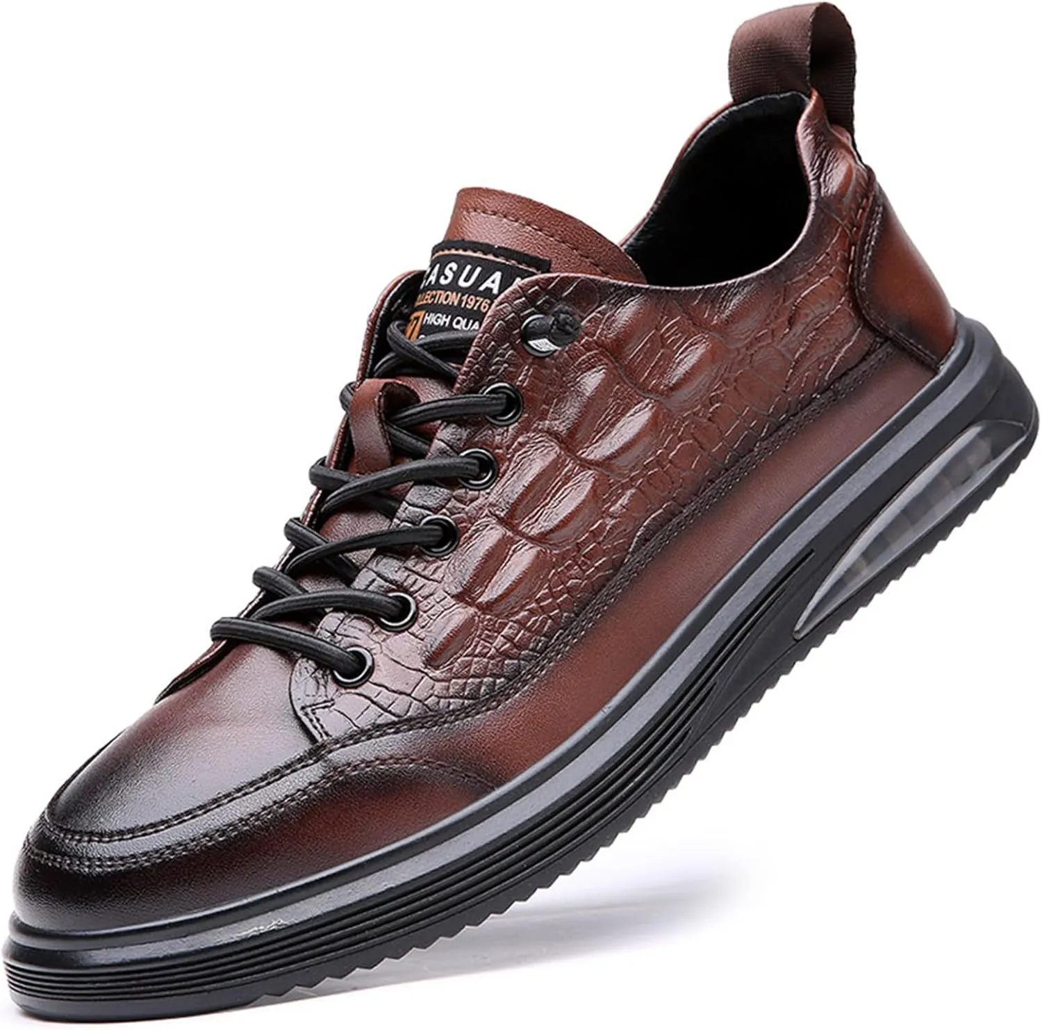 Men's Stylish Leather Croccrocodile Sneakers,Casual Air Cushion Soft Sole Walking Shoes Comfortable Lace-Up Waterproof Work Shoes