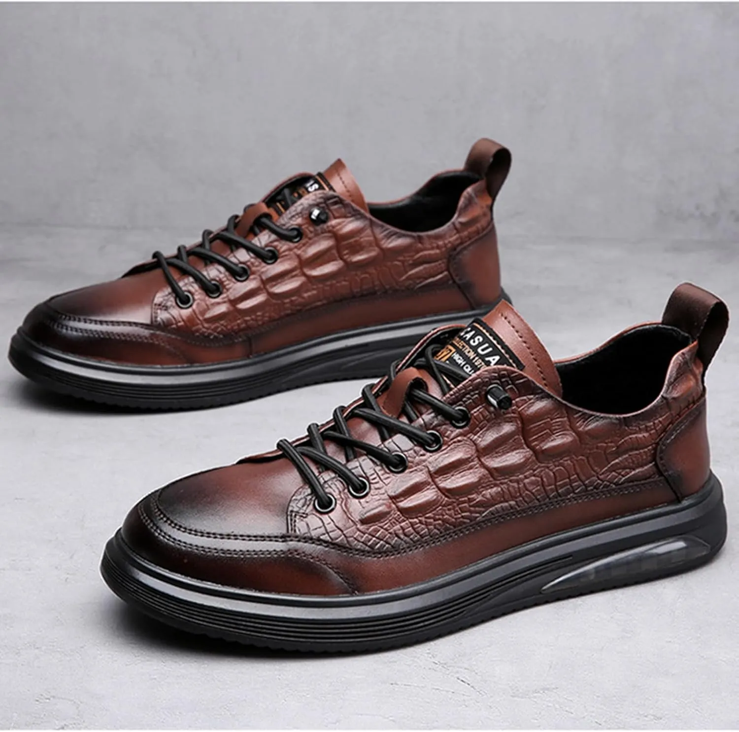 Men's Stylish Leather Croccrocodile Sneakers,Casual Air Cushion Soft Sole Walking Shoes Comfortable Lace-Up Waterproof Work Shoes