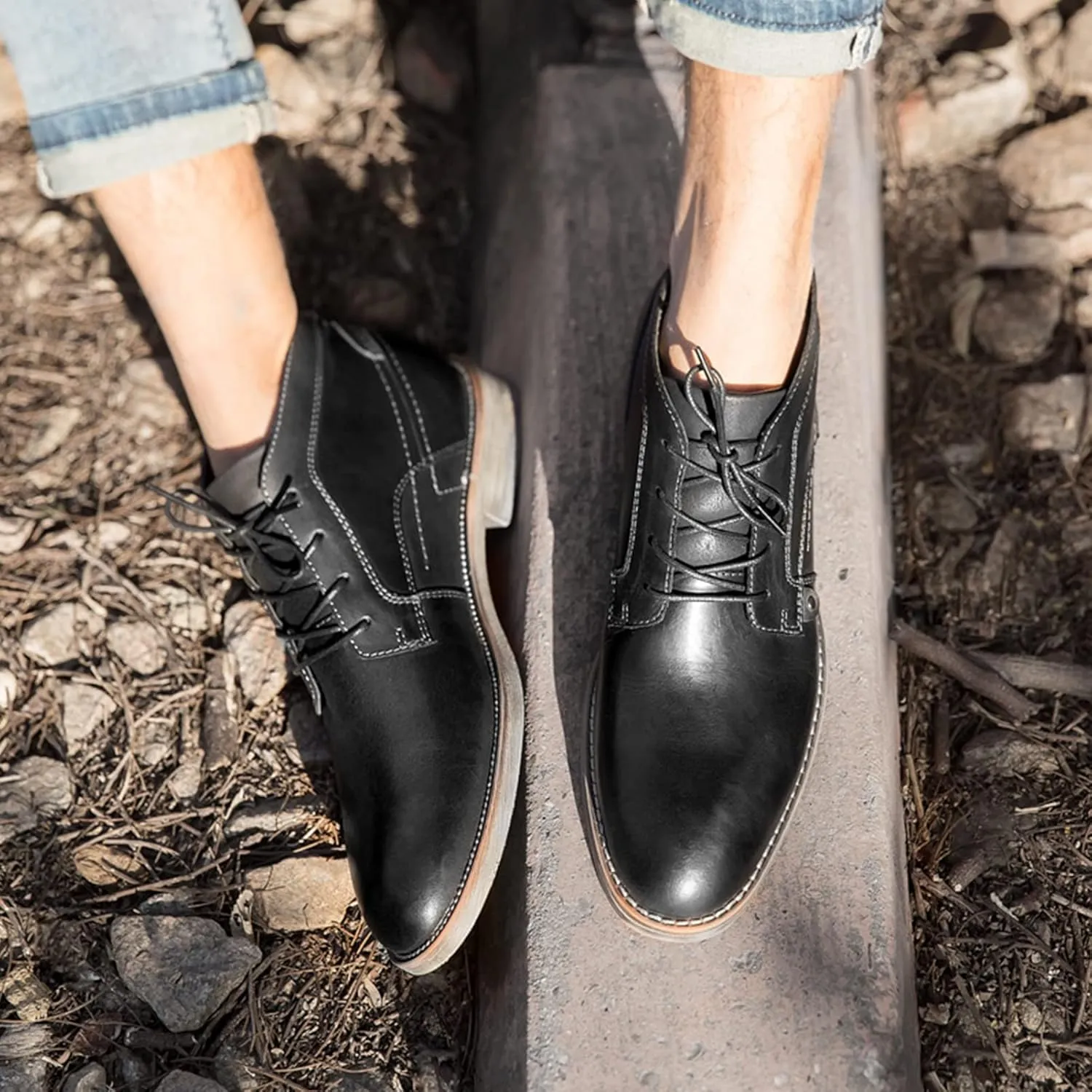 Men's Vintage Genuine Leather Ankle Boots Lace-Up Motorcycle ChUSka Boots