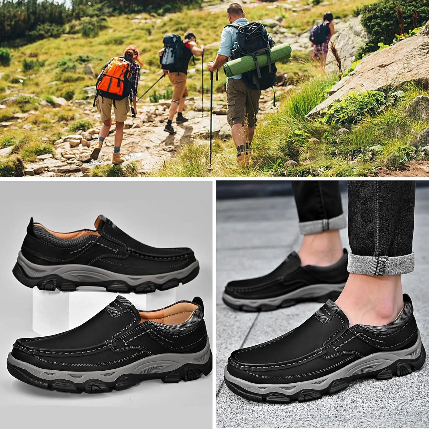 Men's Waterproof Hiking Shoes, Men Slip On Non Slip Work Loafers, Outdoor Lightweight Breathable Sneakers, for Travel, Camping, Running