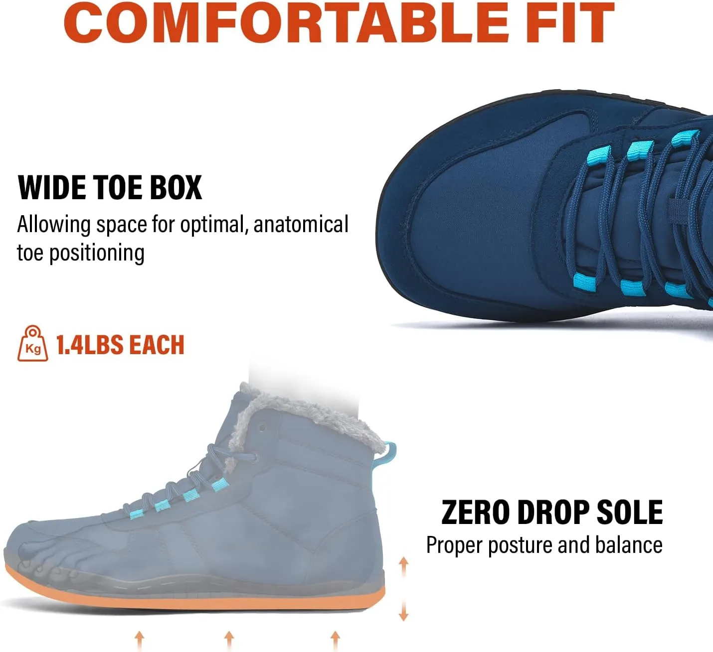 Mens Winter Barefoot Boots Insulated Warm 丨 Fur Lined Minimalist Snow Shoes 丨 Wide Toe Box   Drop Zero Sole