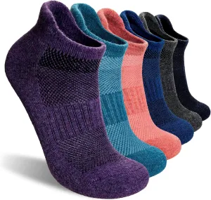 Merino Wool Ankle Hiking Socks For Men & Women No Show Running Athletic Support Thick Cushioned Breathable Socks 6 Pairs