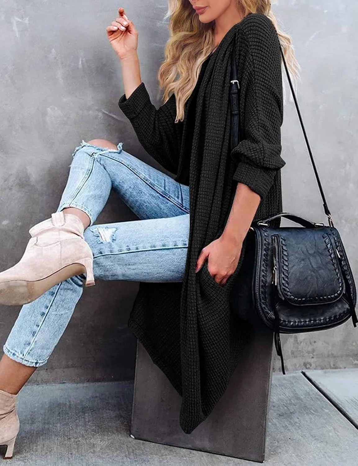 MEROKEETY Women's 2025 Fall Waffle Knit Batwing Long Sleeve Cardigan Loose Open Front Sweater Coat