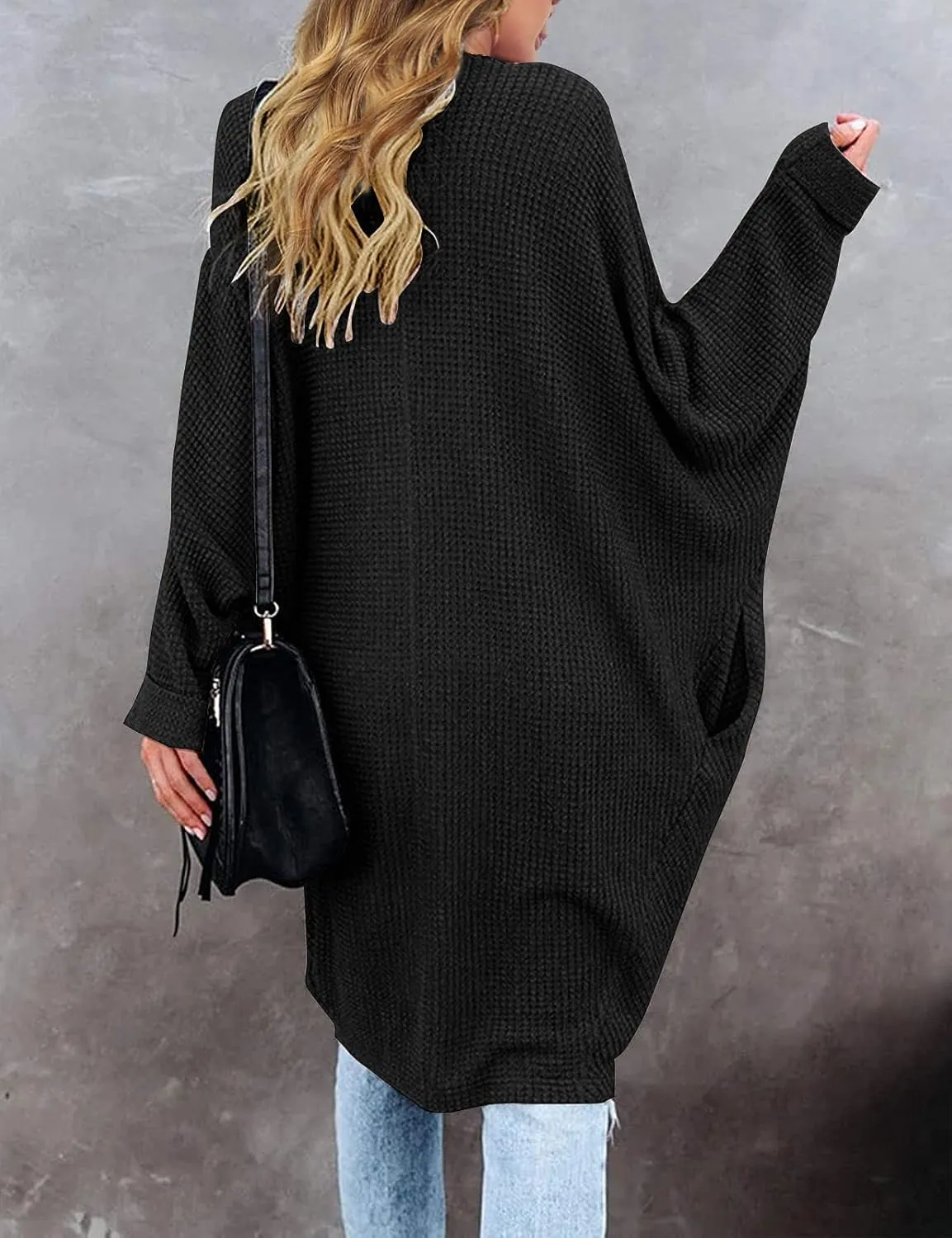 MEROKEETY Women's 2025 Fall Waffle Knit Batwing Long Sleeve Cardigan Loose Open Front Sweater Coat