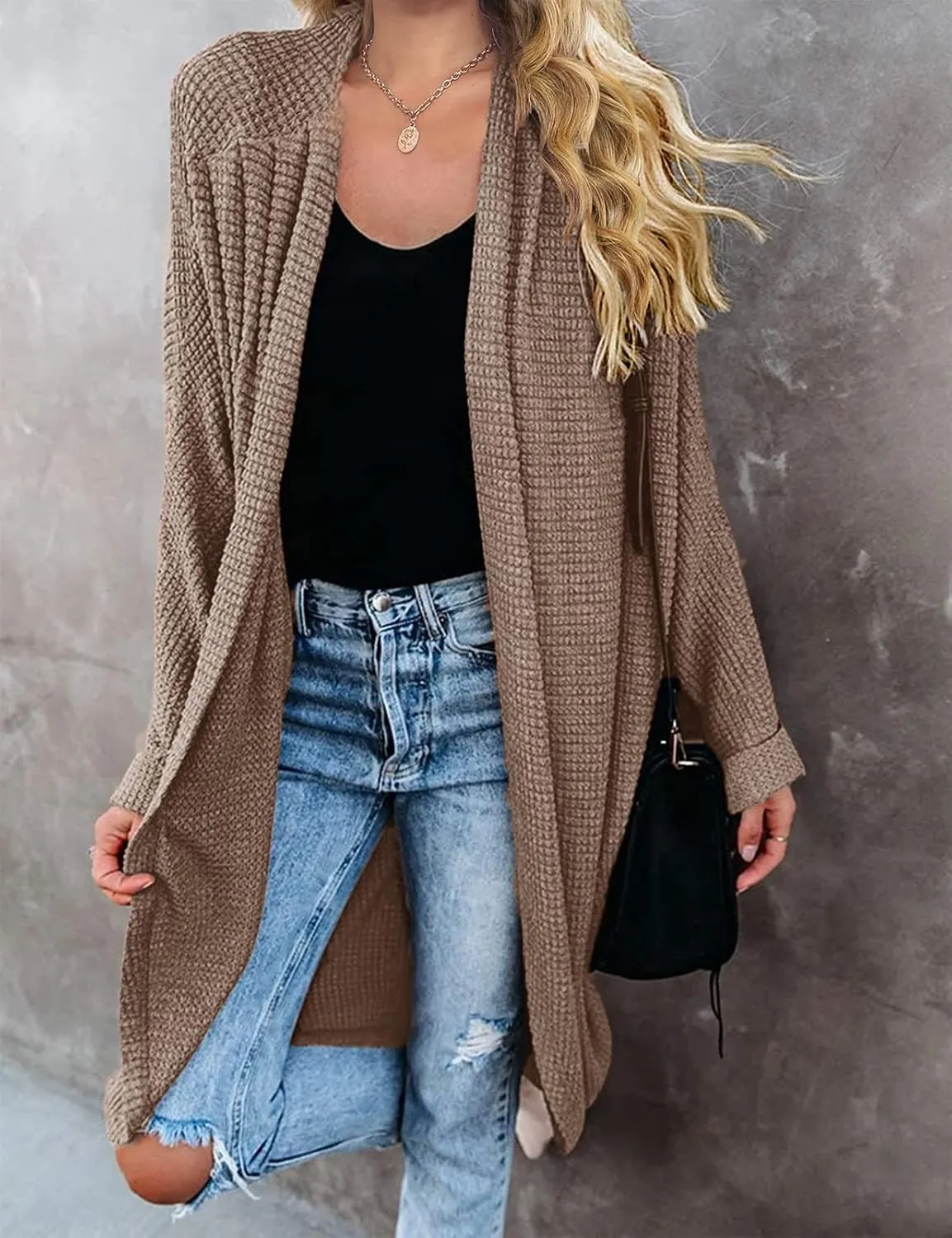 MEROKEETY Women's 2025 Fall Waffle Knit Batwing Long Sleeve Cardigan Loose Open Front Sweater Coat