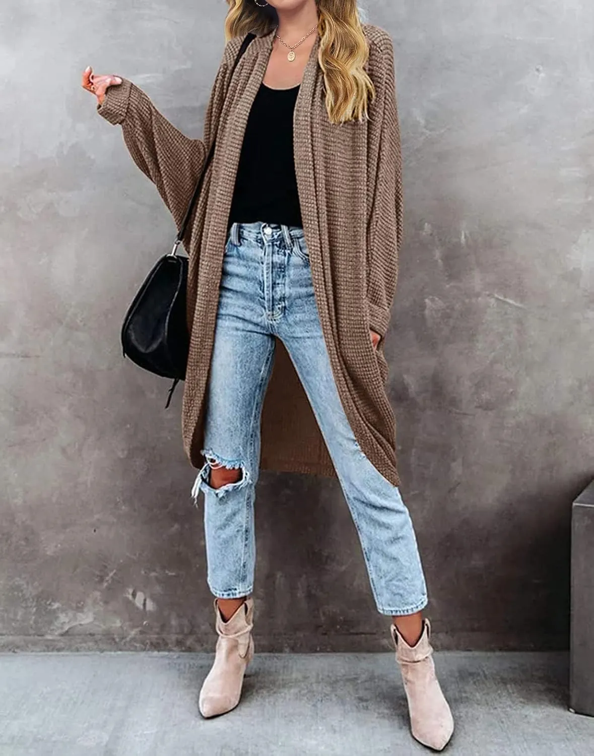 MEROKEETY Women's 2025 Fall Waffle Knit Batwing Long Sleeve Cardigan Loose Open Front Sweater Coat