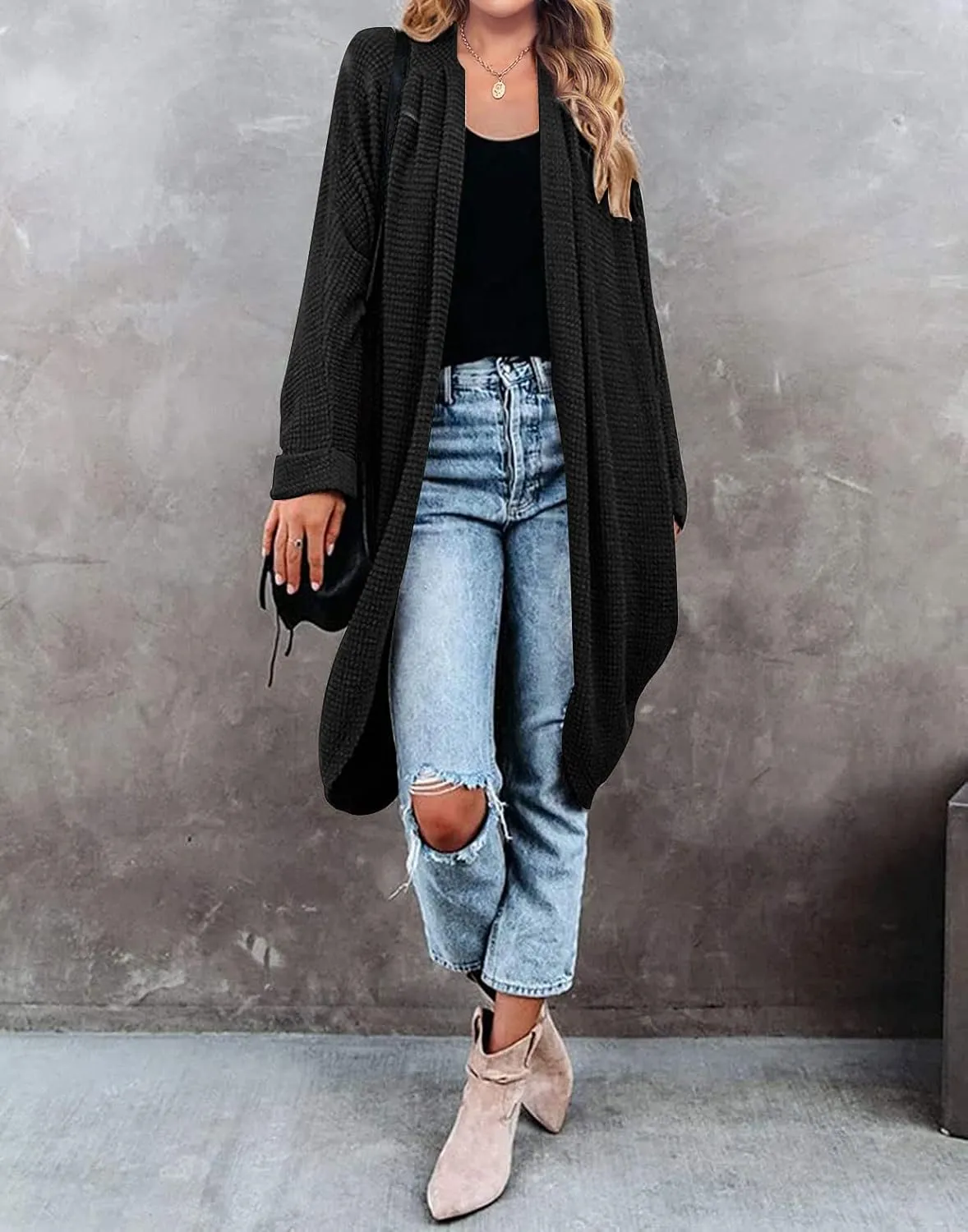 MEROKEETY Women's 2025 Fall Waffle Knit Batwing Long Sleeve Cardigan Loose Open Front Sweater Coat