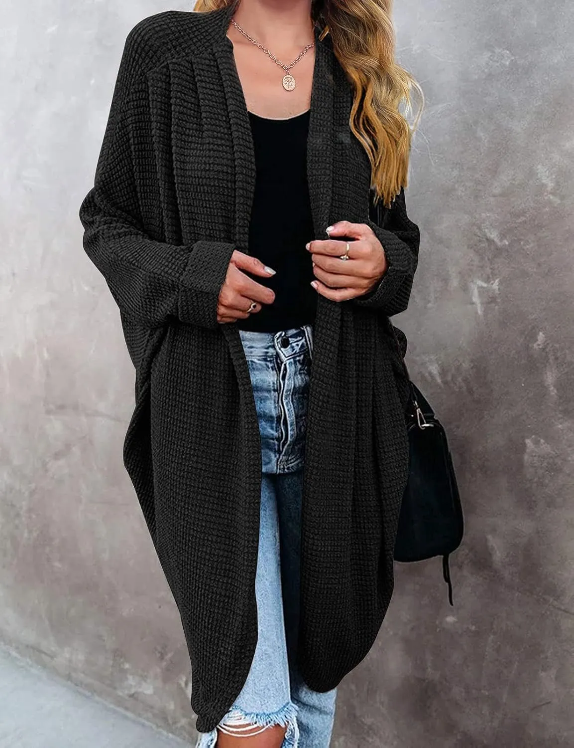 MEROKEETY Women's 2025 Fall Waffle Knit Batwing Long Sleeve Cardigan Loose Open Front Sweater Coat