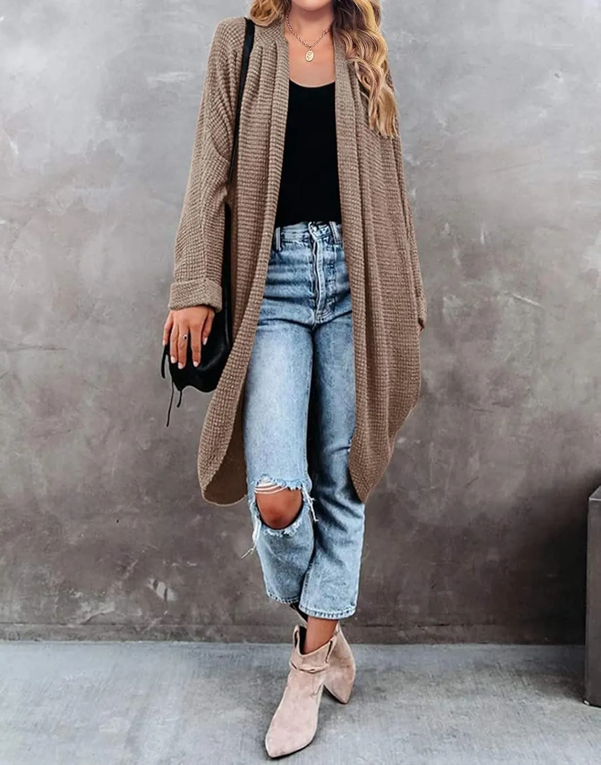 MEROKEETY Women's 2025 Fall Waffle Knit Batwing Long Sleeve Cardigan Loose Open Front Sweater Coat