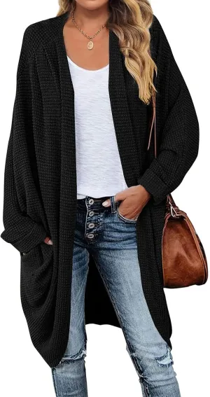 MEROKEETY Women's 2025 Fall Waffle Knit Batwing Long Sleeve Cardigan Loose Open Front Sweater Coat