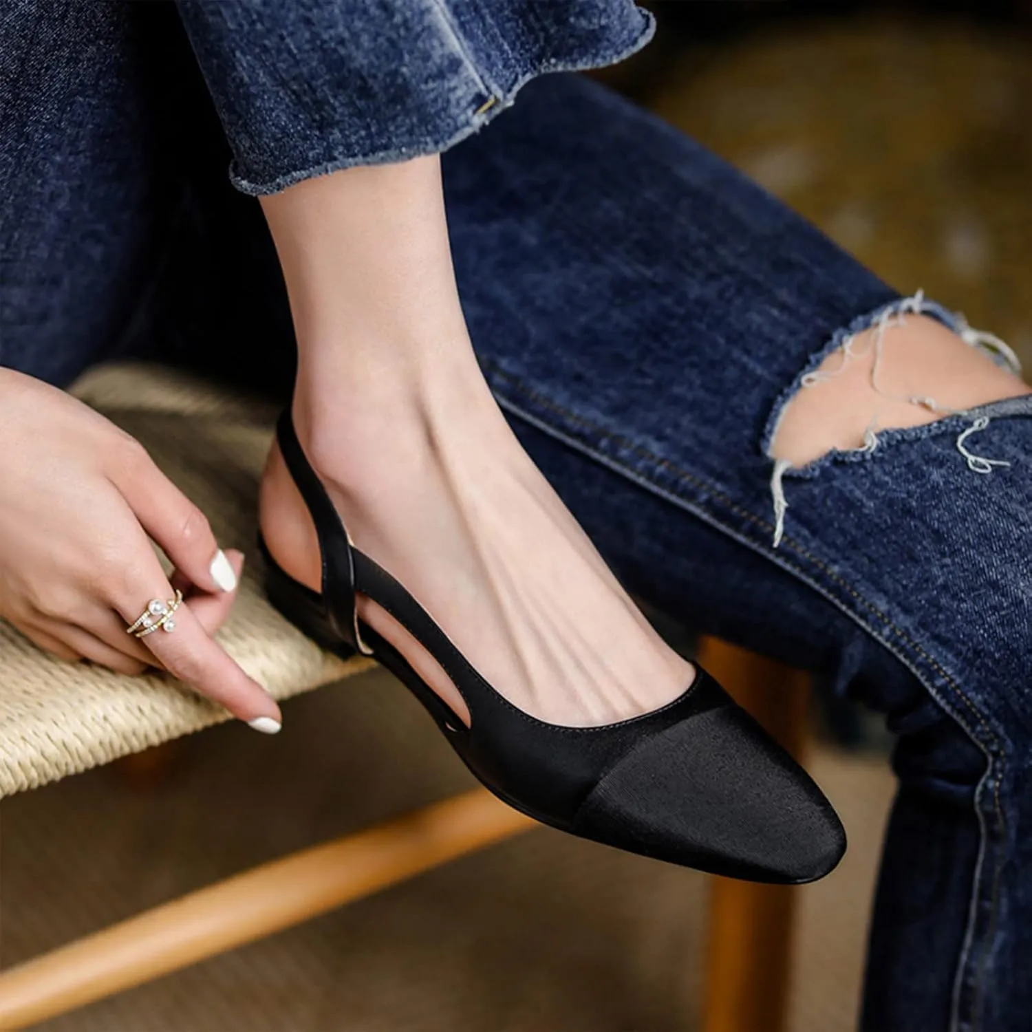 MICIFA slingback flats for women, Round Toe Low heel Sandals Fashion Splicing Dress Shoes for Women