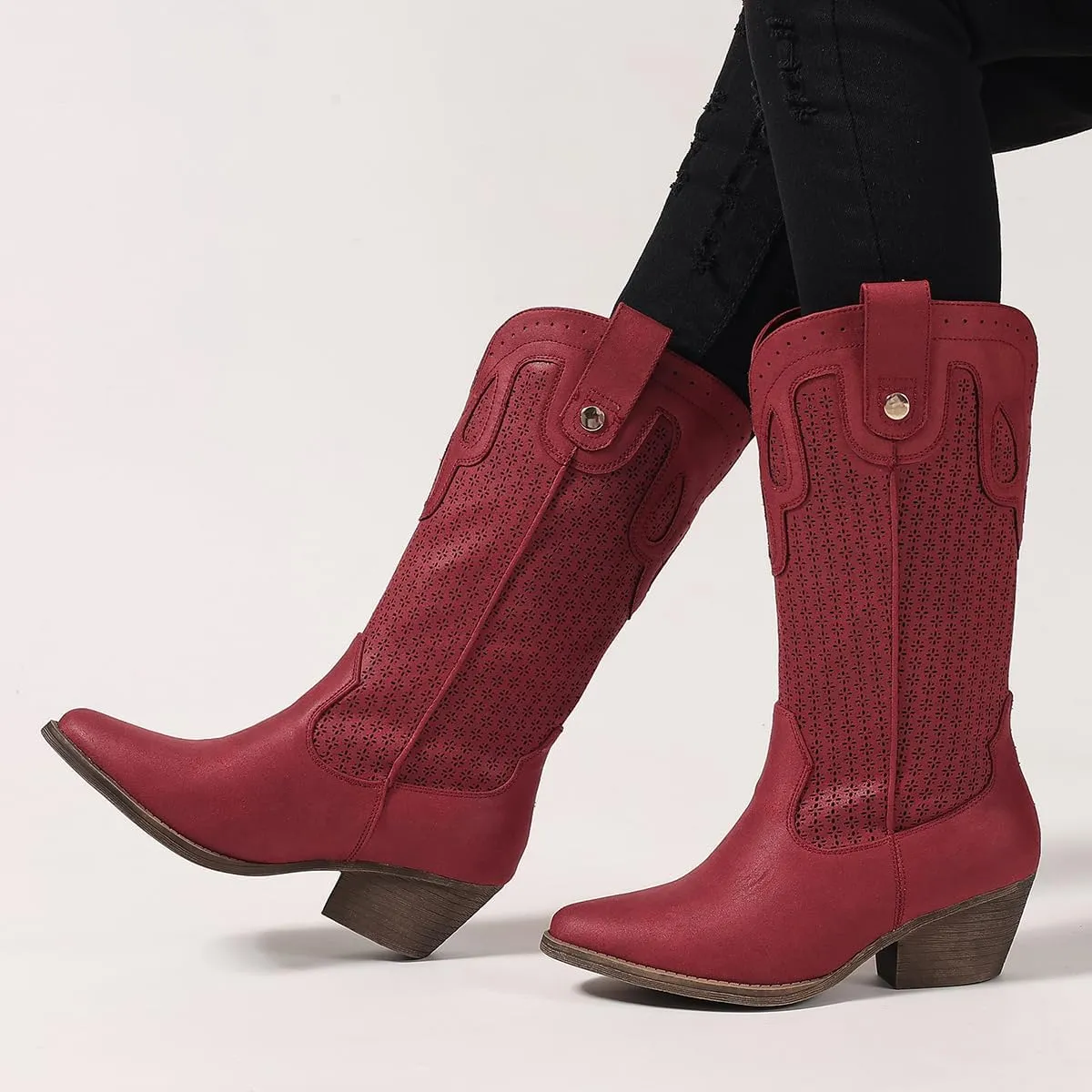 Mid Calf Cowboy Boots for Women Chunky Block Heel Women’s Pointed Toe Casual Comfortable Boot Low Heel Trendy Stylish Boot