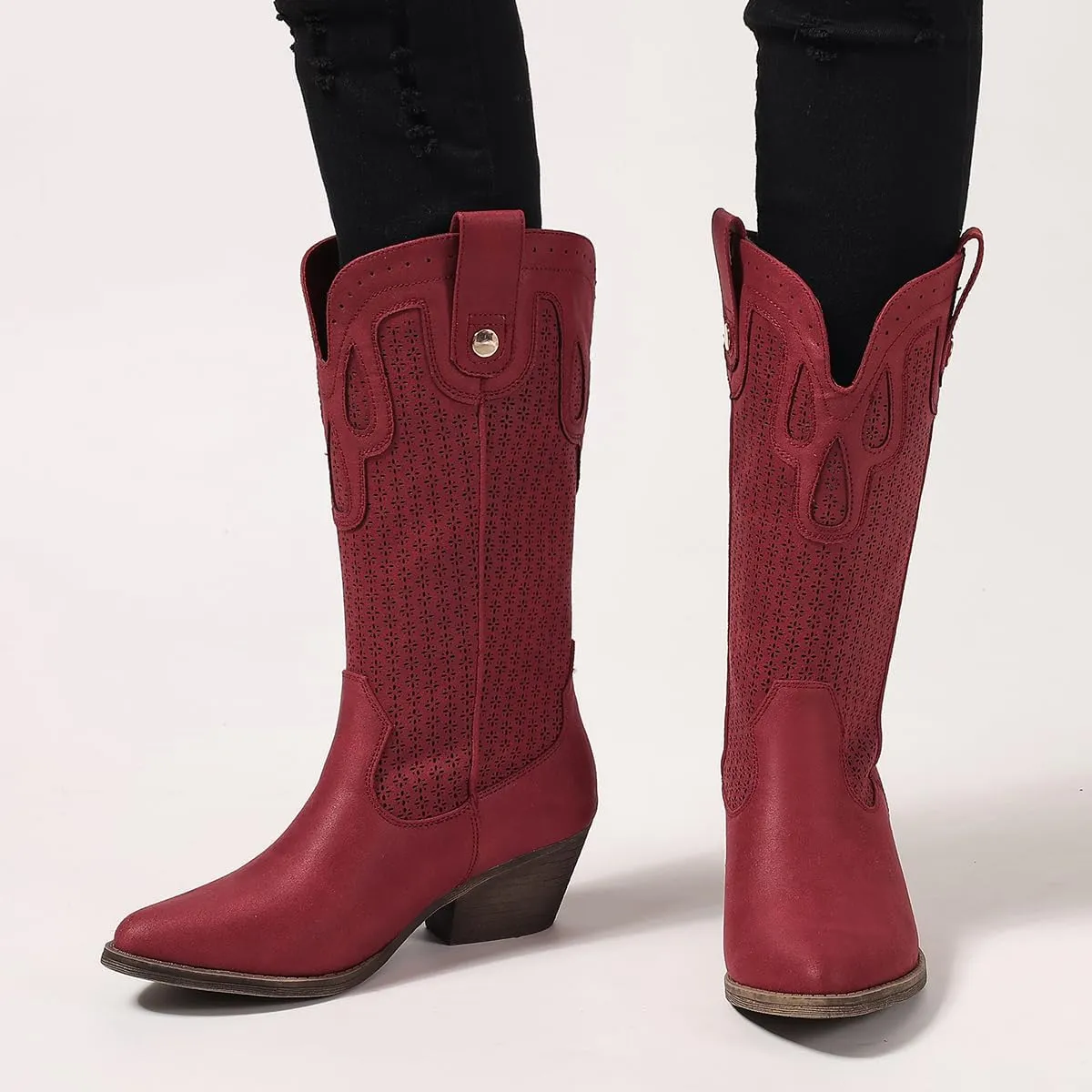 Mid Calf Cowboy Boots for Women Chunky Block Heel Women’s Pointed Toe Casual Comfortable Boot Low Heel Trendy Stylish Boot