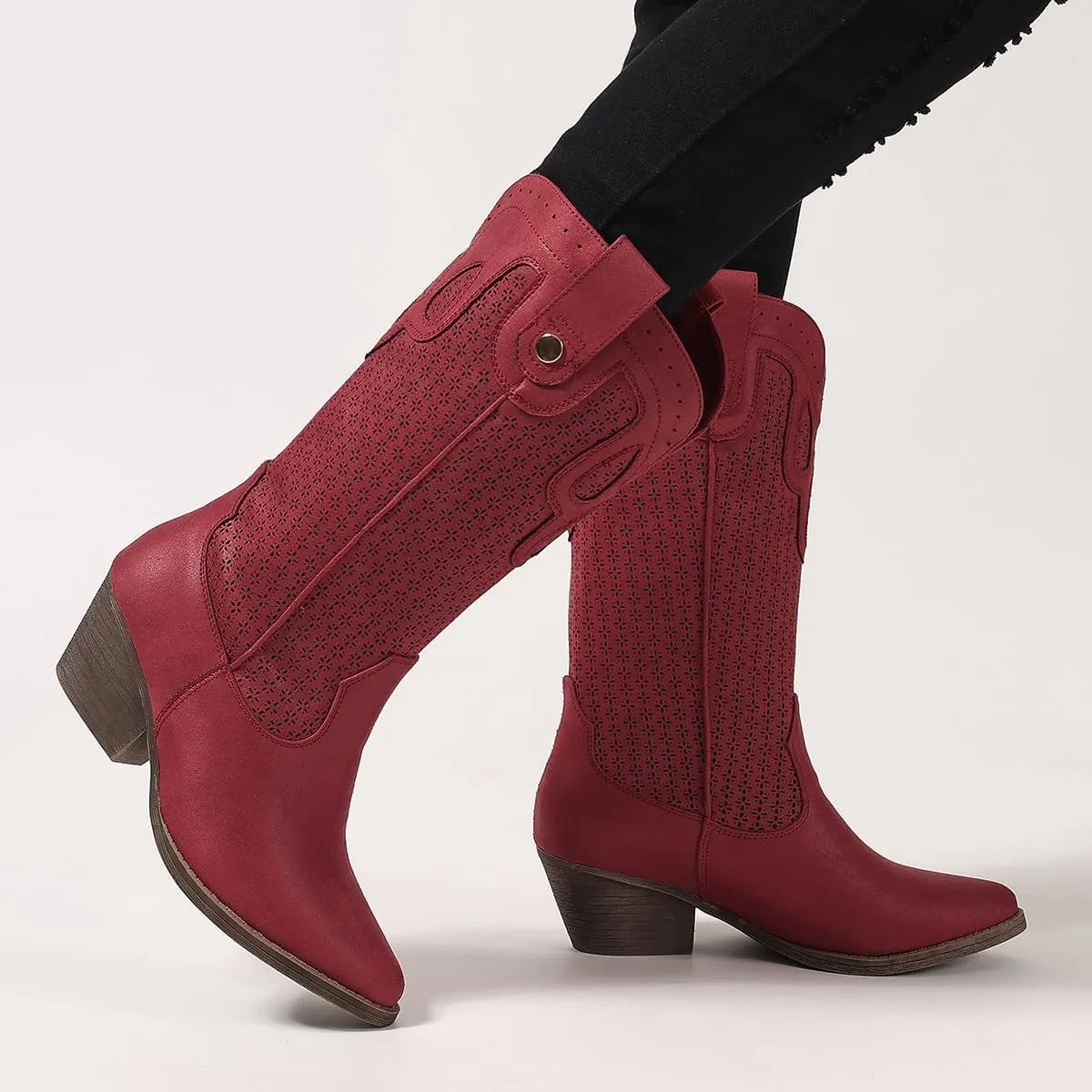 Mid Calf Cowboy Boots for Women Chunky Block Heel Women’s Pointed Toe Casual Comfortable Boot Low Heel Trendy Stylish Boot