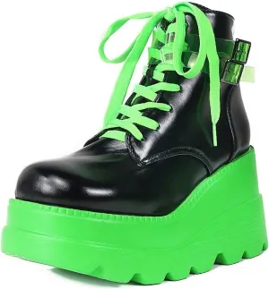 mikarka Holographic Platform Boots for Women, Lace Up Ankle Studded Buckle Goth Stacked Wedge Combat Ankle Boots