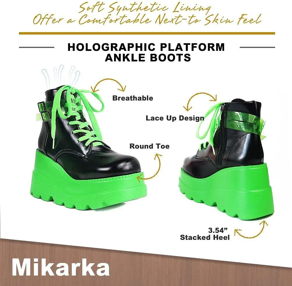 mikarka Holographic Platform Boots for Women, Lace Up Ankle Studded Buckle Goth Stacked Wedge Combat Ankle Boots