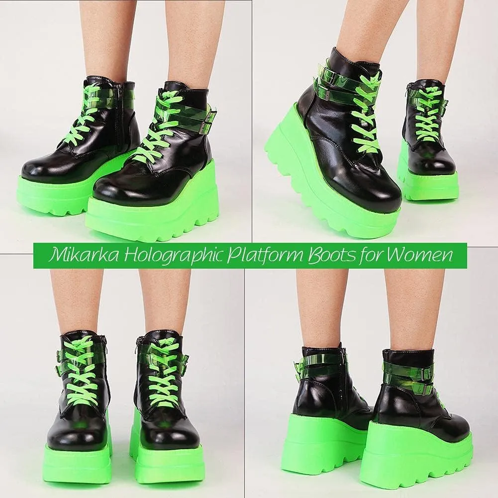 mikarka Holographic Platform Boots for Women, Lace Up Ankle Studded Buckle Goth Stacked Wedge Combat Ankle Boots