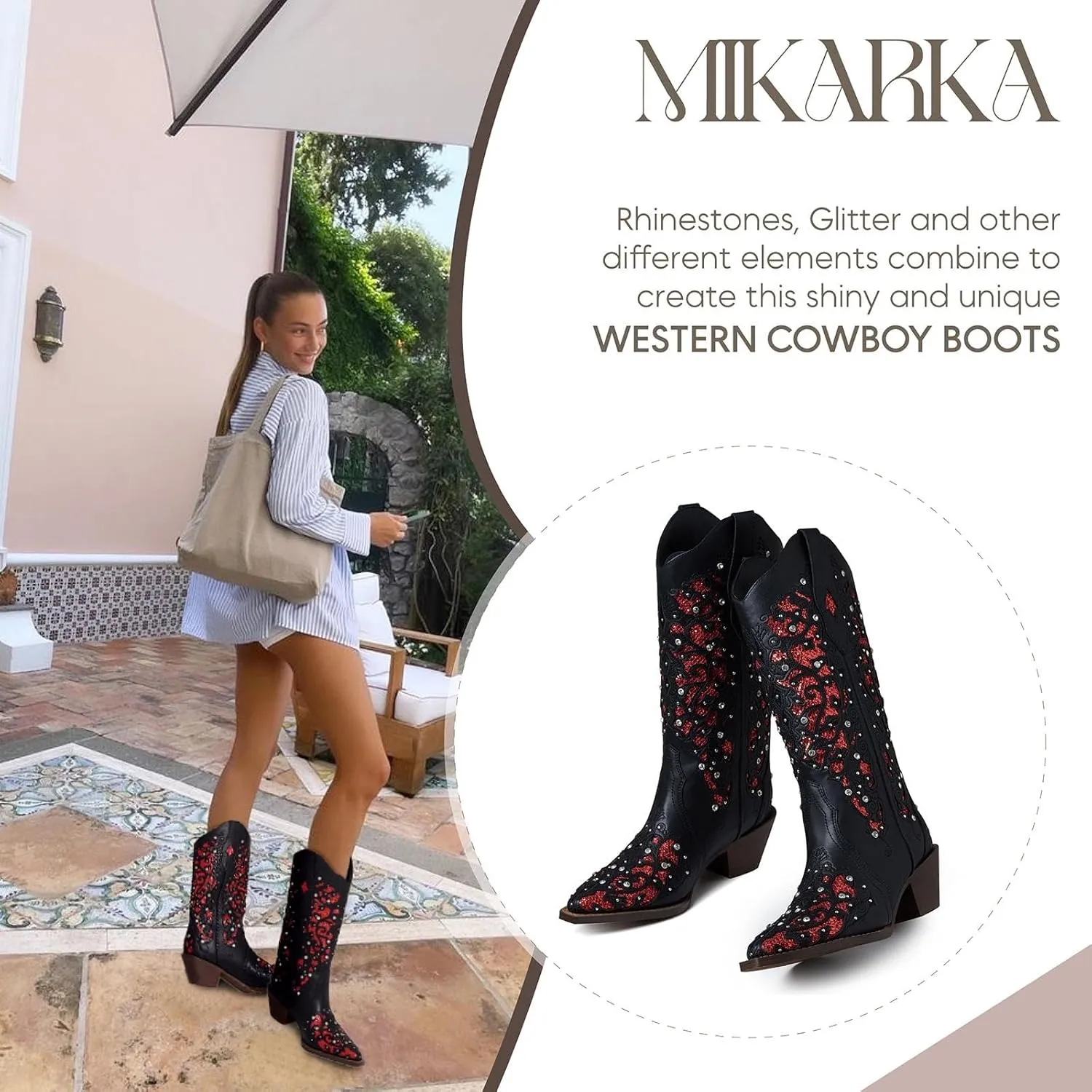 mikarka Inlay Glitter Cowgirl Cowboy Boots for Women Embroidered Pointed Toe Sparkly Rhinestone Western Boots Country Concert Mid Knee High Boots
