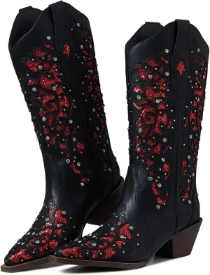 mikarka Inlay Glitter Cowgirl Cowboy Boots for Women Embroidered Pointed Toe Sparkly Rhinestone Western Boots Country Concert Mid Knee High Boots